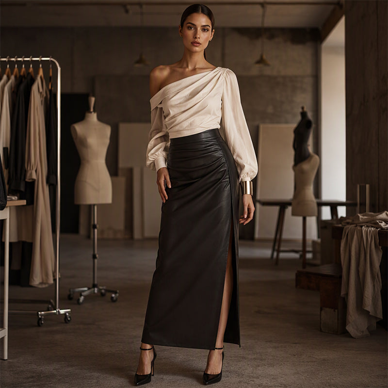 Women's Chic Irregular Side Slit PU Leather Skirt