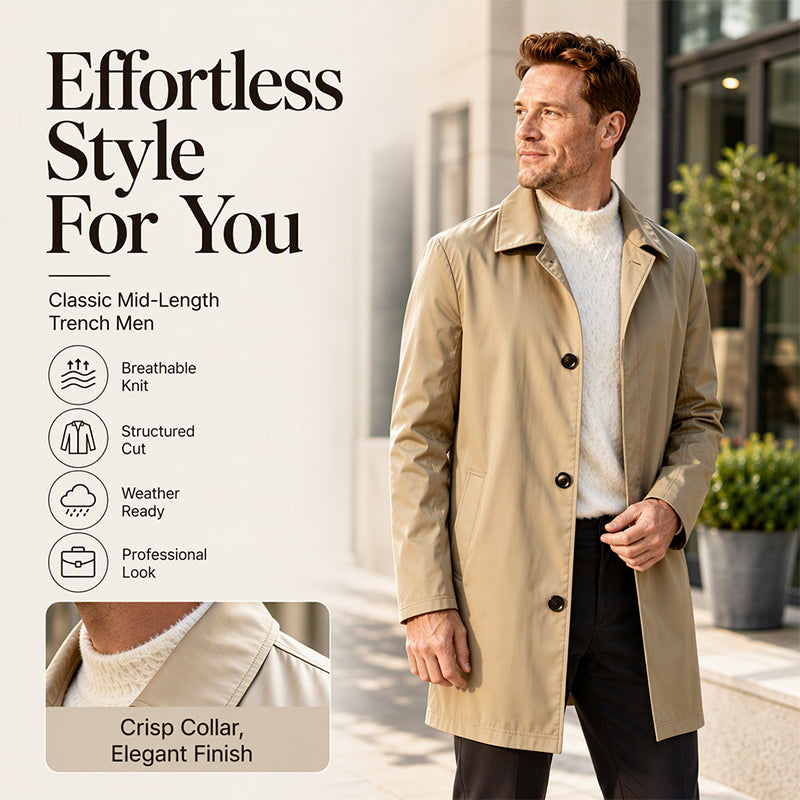✨Men's Minimalist Single-Breasted Mid-Length Coat – Clean Lines, Modern Fit, Everyday Elegance