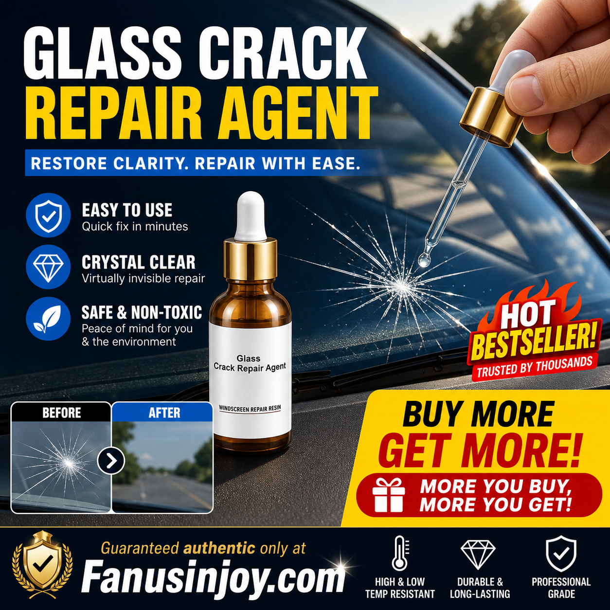 🏆 Last Day Special Price £8.99! 🏭Buy 1 Get 1 Free💦Glass Crack Repair Agent🚗One drop fixes all glass cracks！