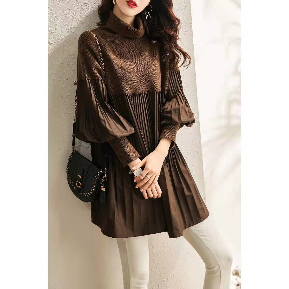 💝Plus Size Solid Color Lantern Sleeve Knit Dress✨Two-piece 🔥Free shipping