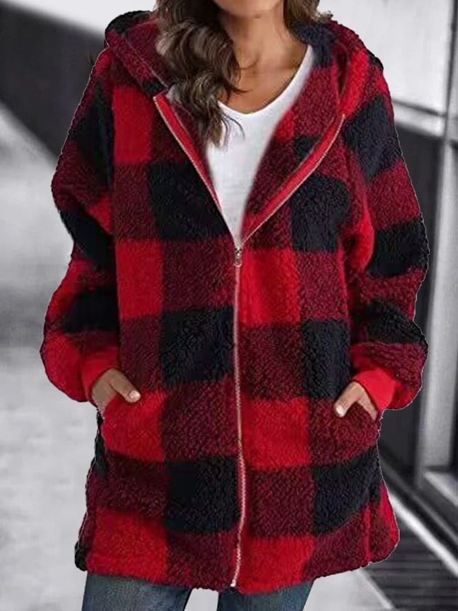 Women Oversized Hoodie Plaid Loose Overcoat