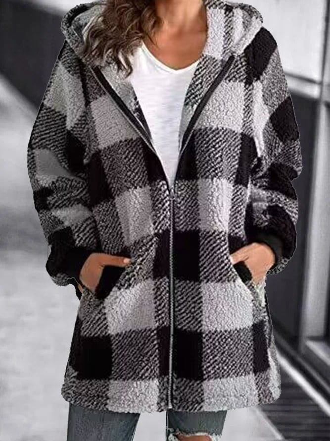 Women Oversized Hoodie Plaid Loose Overcoat