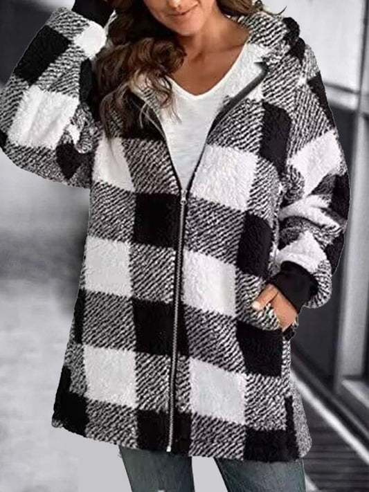 Women Oversized Hoodie Plaid Loose Overcoat