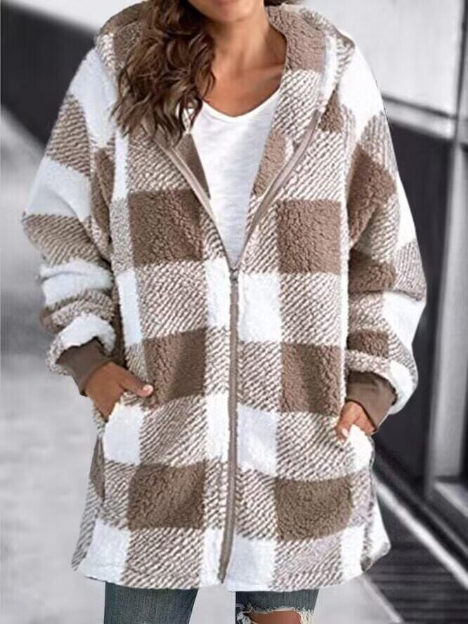 Women Oversized Hoodie Plaid Loose Overcoat